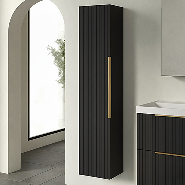 Milan Fluted Soft Black Wall Hung Tall Storage Unit with Brushed Brass Handle