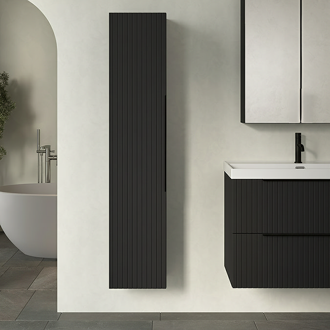 Milan Fluted Soft Black Wall Hung Tall Storage Unit with Matt Black Handle