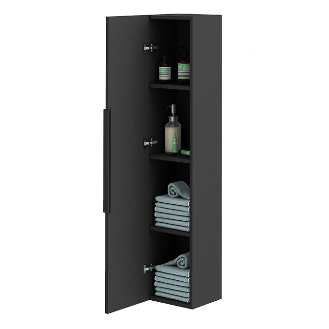 Milan Fluted Soft Black Wall Hung Tall Storage Unit with Matt Black Handle