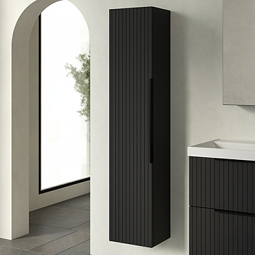 Milan Fluted Soft Black Wall Hung Tall Storage Unit with Matt Black Handle