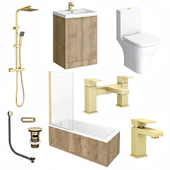 Milan Fluted Square Autumn Oak & Brushed Brass Bathroom Suite with Bath Panels - Floor Standing Vanity