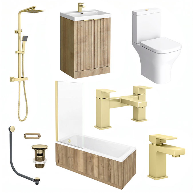 Milan Fluted Square Autumn Oak & Brushed Brass Bathroom Suite with Bath Panels - Floor Standing Vanity