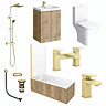 Milan Fluted Square Autumn Oak & Brushed Brass Bathroom Suite with Bath Panels - Floor Standing Vanity