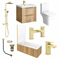 Milan Fluted Square Autumn Oak & Brushed Brass Bathroom Suite with Bath Panels - Wall Hung Vanity