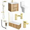 Milan Fluted Square Autumn Oak & Brushed Brass Bathroom Suite with Bath Panels - Wall Hung Vanity