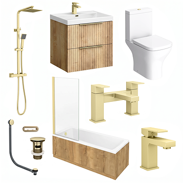Milan Fluted Square Autumn Oak & Brushed Brass Bathroom Suite with Bath Panels - Wall Hung Vanity