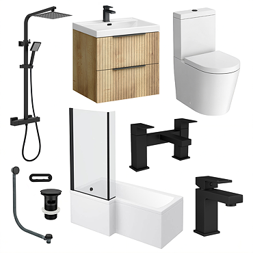 Milan Fluted Square Matt Black & Autumn Oak Complete Bathroom Suite