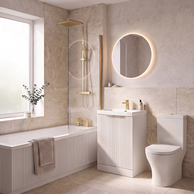 Milan Fluted Square Matt White & Brushed Brass Bathroom Suite with Bath Panels - Floor Standing Vanity