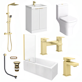 Milan Fluted Square Matt White & Brushed Brass Bathroom Suite with Bath Panels - Floor Standing Vanity