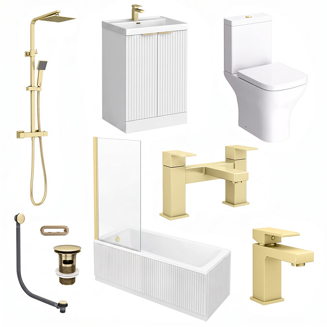 Milan Fluted Square Matt White & Brushed Brass Bathroom Suite with Bath Panels - Floor Standing Vanity