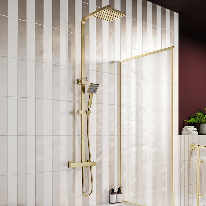 Milan Fluted Square Matt White & Brushed Brass Bathroom Suite with Bath Panels - Wall Hung Vanity