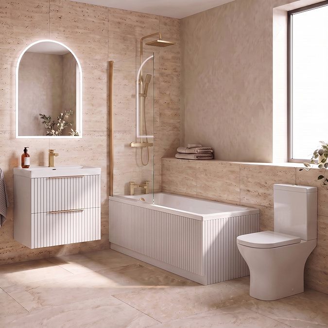 Milan Fluted Square Matt White & Brushed Brass Bathroom Suite with Bath Panels - Wall Hung Vanity