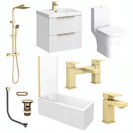 Milan Fluted Square Matt White & Brushed Brass Bathroom Suite with Bath Panels - Wall Hung Vanity