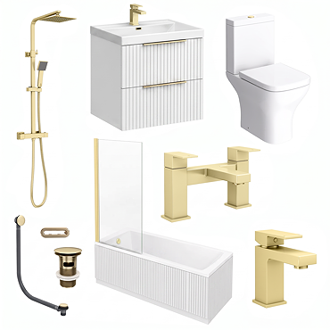 Milan Fluted Square Matt White & Brushed Brass Bathroom Suite with Bath Panels - Wall Hung Vanity