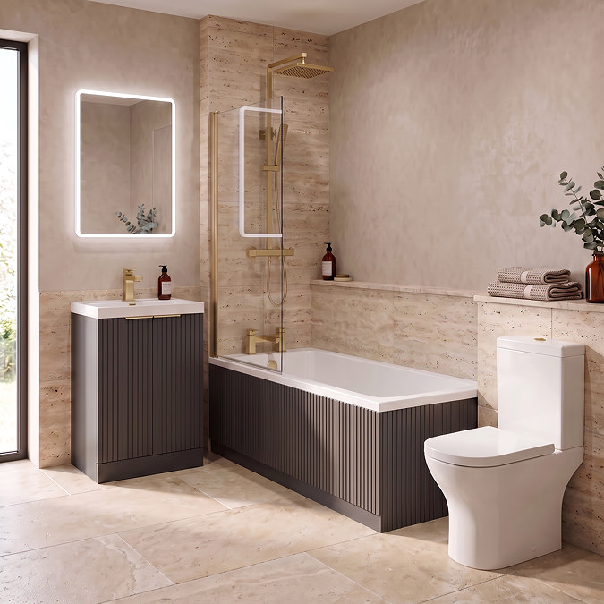 Milan Fluted Square Soft Black & Brushed Brass Bathroom Suite with Bath Panels - Floor Standing Vanity
