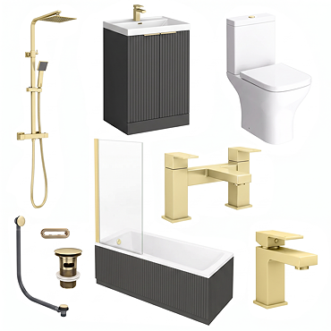 Milan Fluted Square Soft Black & Brushed Brass Bathroom Suite with Bath Panels - Floor Standing Vanity