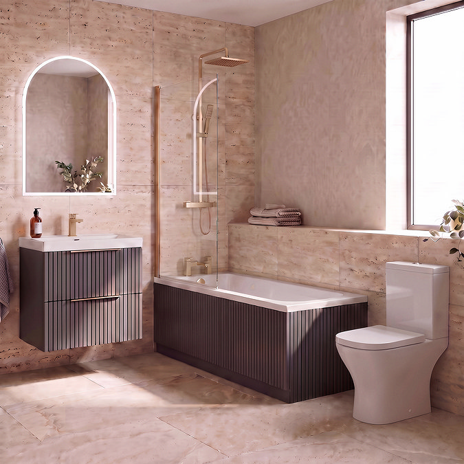 Milan Fluted Square Soft Black & Brushed Brass Bathroom Suite with Bath Panels - Wall Hung Vanity