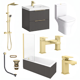 Milan Fluted Square Soft Black & Brushed Brass Bathroom Suite with Bath Panels - Wall Hung Vanity