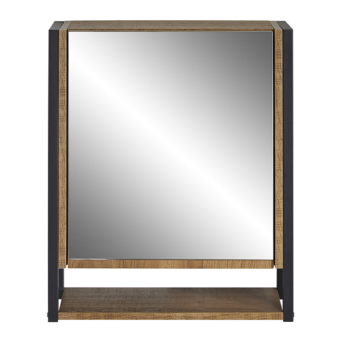 Milan Industrial Matt Black Framed Bathroom Mirror Cabinet - Wood Effect  Profile Large Image
