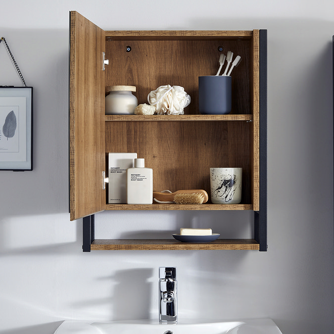 Milan Industrial Matt Black Framed Bathroom Mirror Cabinet - Wood Effect  Feature Large Image