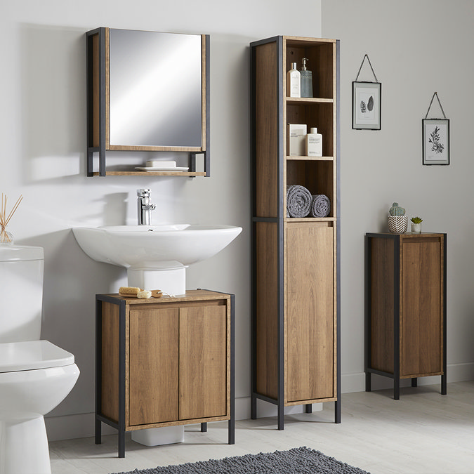 Milan Industrial Matt Black Framed Bathroom Mirror Cabinet - Wood Effect  Standard Large Image