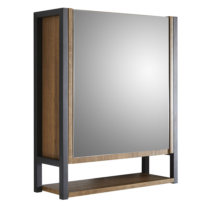 Milan Industrial Matt Black Framed Bathroom Mirror Cabinet - Wood Effect Large Image