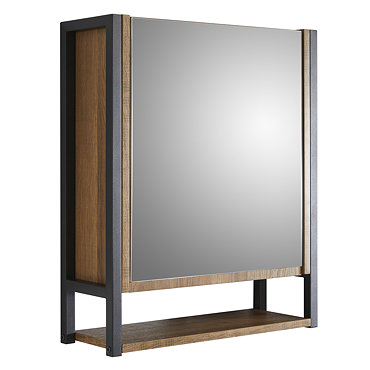 Milan Industrial Matt Black Framed Bathroom Mirror Cabinet - Wood Effect  Profile Large Image