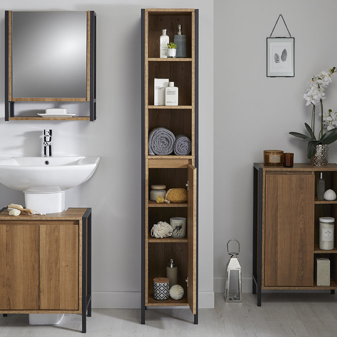 Milan Industrial Matt Black Framed Bathroom Tall Storage Unit - Wood Effect  Standard Large Image