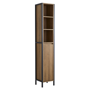 Milan Industrial Matt Black Framed Bathroom Tall Storage Unit - Wood Effect  Profile Large Image
