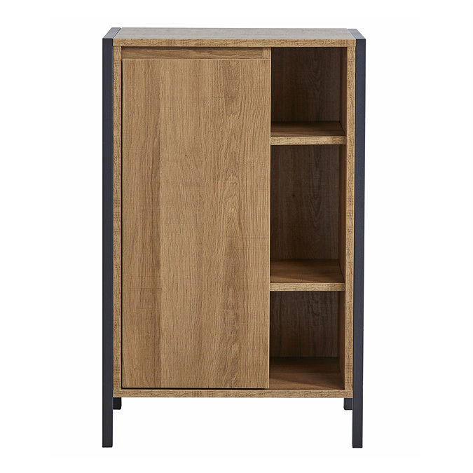 Milan Industrial Matt Black Framed Open Shelf Bathroom Storage Unit - Wood Effect  Profile Large Ima