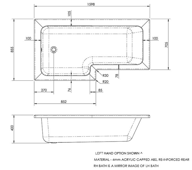 Milan Shower Bath - 1600mm L Shaped with Screen + Panel