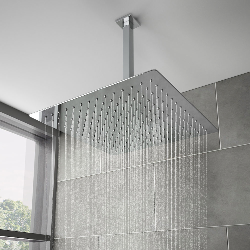 Milan Large 400mm Thin Square Shower Head + Ceiling Mounted Arm Large Image