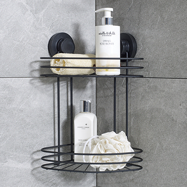 Milan Matt Black 2 Tier Corner Wire Shower Caddy with Suction Fixing  Profile Large Image