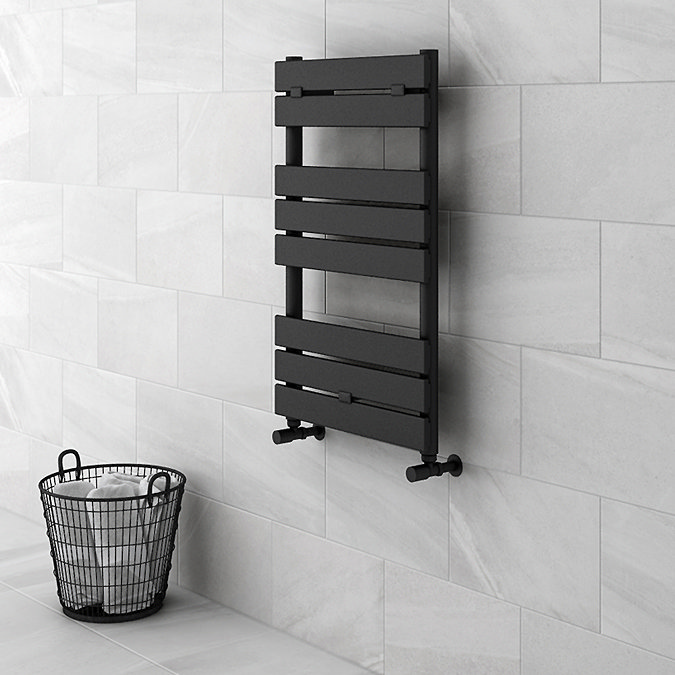 Milan Matt Black 840 x 500mm Flat Panel Heated Towel Rail with Valves & Electric Heating Kit