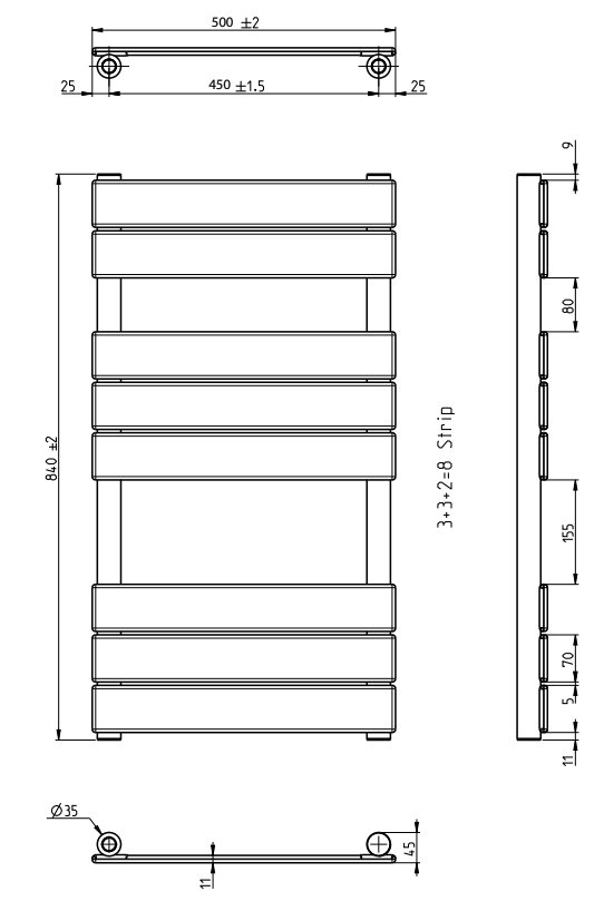 Milan Matt Black 840 x 500mm Flat Panel Heated Towel Rail with Valves & Electric Heating Kit
