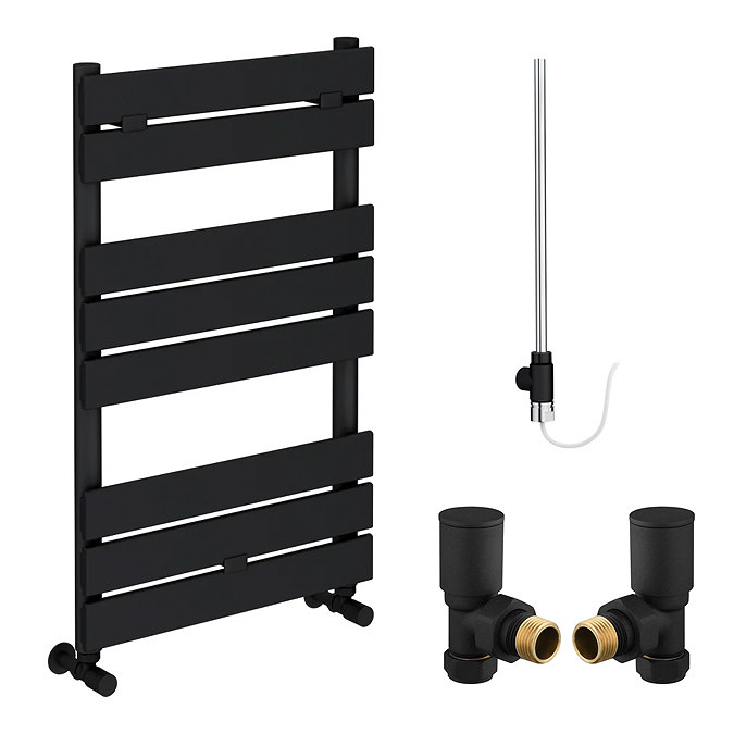 Milan Matt Black 840 x 500mm Flat Panel Heated Towel Rail with Valves & Electric Heating Kit