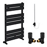 Milan Matt Black 840 x 500mm Flat Panel Heated Towel Rail with Valves & Electric Heating Kit