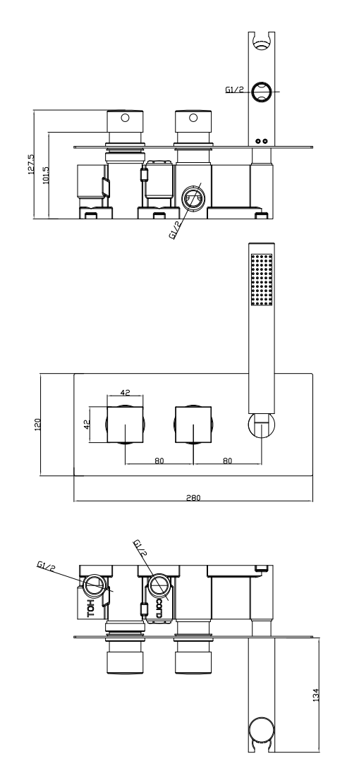 Milan Modern Square Concealed Thermostatic 2-Way Shower Valve with Handset