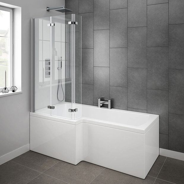 Milan Shower Bath - 1600mm L Shaped with Double Hinged Screen + Panel  Feature Large Image