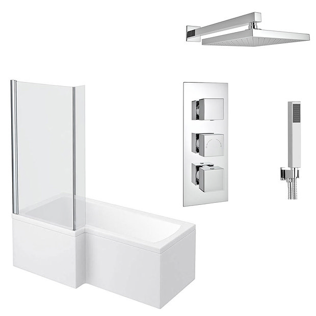 Milan Shower Bath + Concealed 2 Outlet Shower Pack (1700 L Shaped with Screen + Panel) Large Image