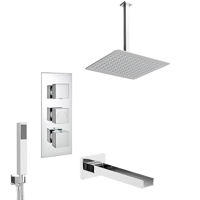 Milan Shower Package (Rainfall Ceiling Mounted Head, Handset + Waterfall Bath Spout) Large Image