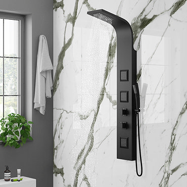 Milan Shower Towel Panel - Matt Black (Thermostatic)  Profile Large Image