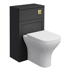 Milan Soft Black Framed 500mm WC Unit with Cistern, Brushed Brass Flush + Modern Pan