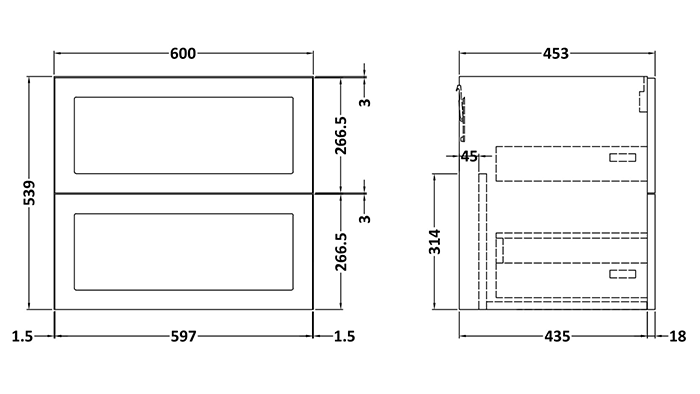 Milan Soft Black 600mm Wall Hung 2-Drawer Countertop Vanity Unit