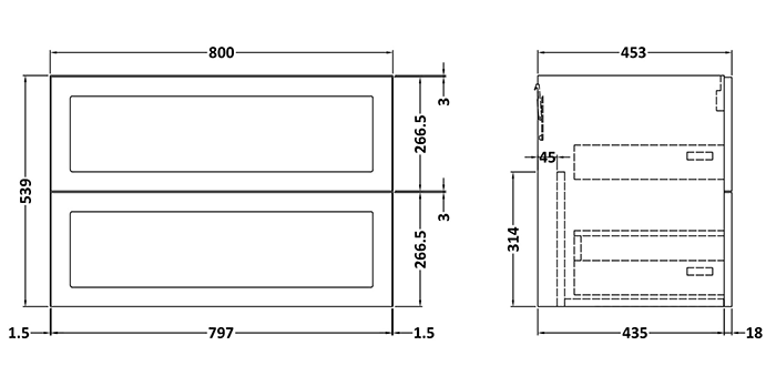 Milan Soft Black 800mm Wall Hung 2-Drawer Countertop Vanity Unit
