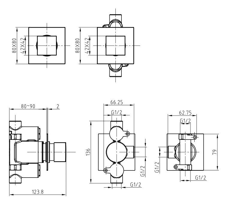 Milan Square Concealed Individual Diverter + Thermostatic Control Valve with Handset + 300mm Shower Head