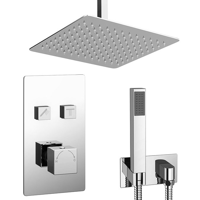 Milan Square Push-Button Ceiling Mounted Shower Pack (with Handset + Rainfall Shower Head) Large Ima