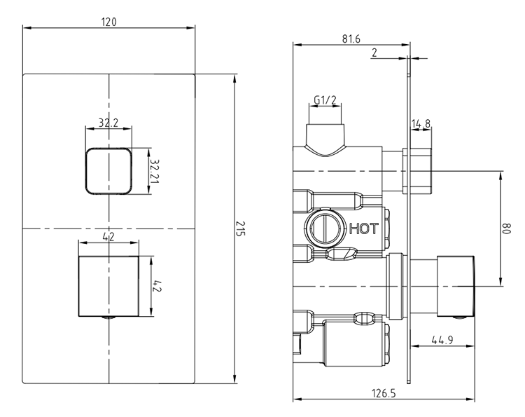 Milan Square Push-Button Concealed Shower Valve with 300 x 300mm Shower Head + Curved Arm