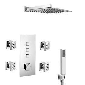 Milan Square Push-Button Shower Valve Pack with Handset, 4 Body Jets + Shower Head Large Image