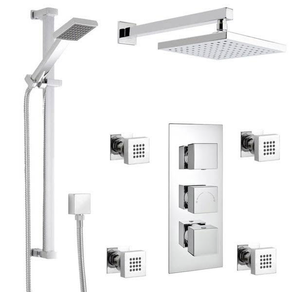 Milan Square Triple Shower Package with Diverter Valve, Head, 4 Body Jets + Slider Standard Large I